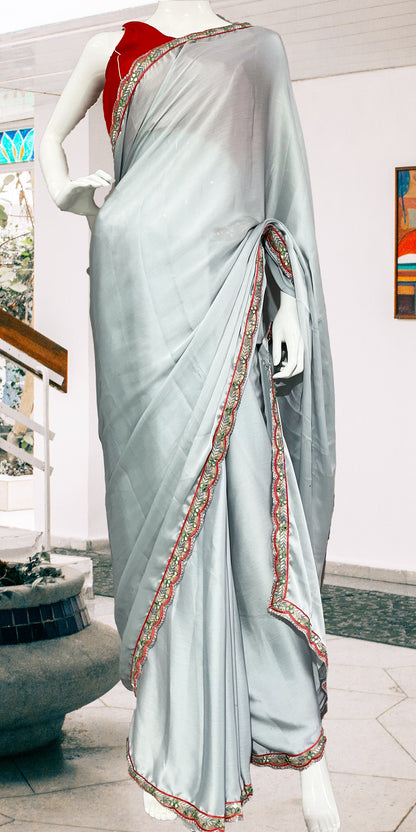 Silk Saree , Grey silk saree, Red sleeveless blouse, Minimalist style saree, single color saree, Border work, Silk Saree with nice drape, indian saree, custom made saree