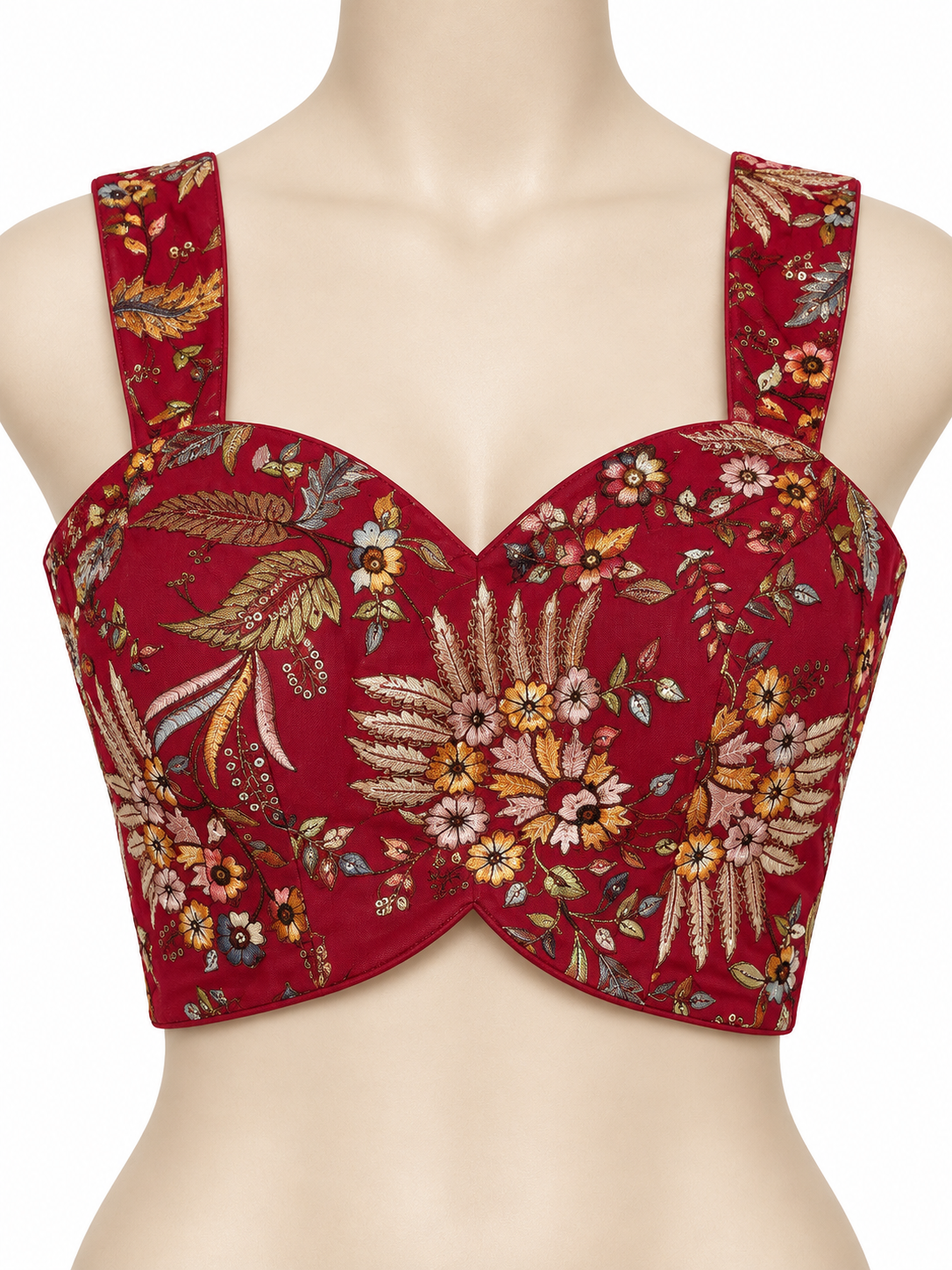Red floral Navratri designer blouse with botanical motifs and metallic accents