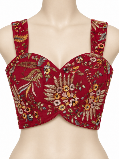 Red floral Navratri designer blouse with botanical motifs and metallic accents