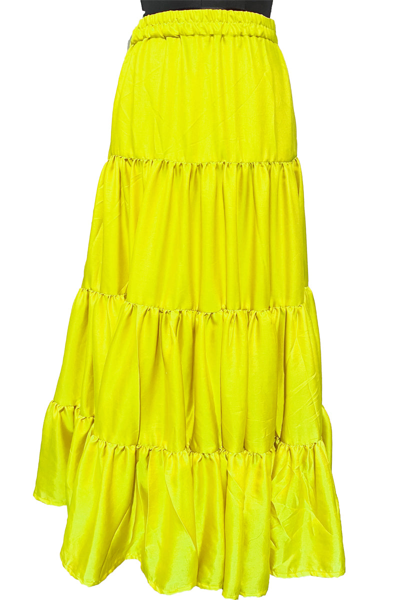 Lime Yellow Color Skirt, Greenish Yellow Flared Layer Skirt, Pride Month Skirt. Rainbow flag skirt. Soft Silk Skirt, Elastic Skirt