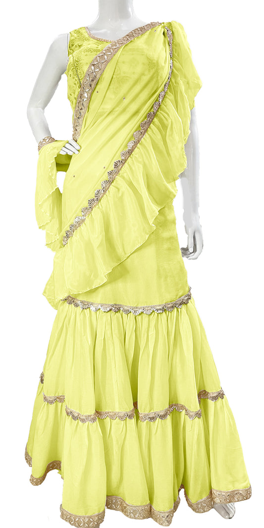 Lime yellow Pure Chinon Saree, Ready to wear Sari, Skirt Saree with Pure Dola SILK Blouse