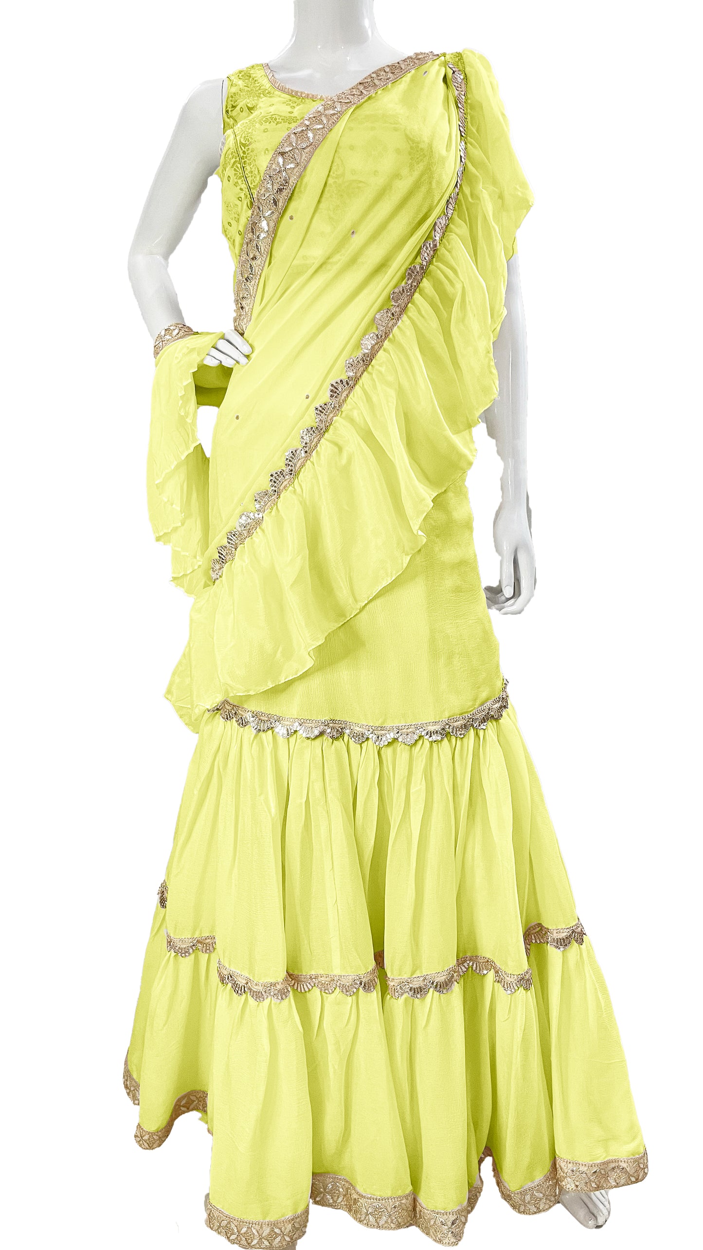 Lime yellow Pure Chinon Saree, Ready to wear Sari, Skirt Saree with Pure Dola SILK Blouse