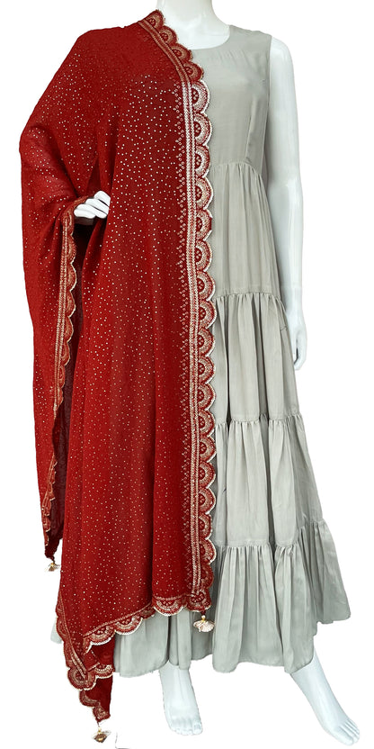 Maroon Pure Georgette Sequins work Dupatta with Fancy Tassels.