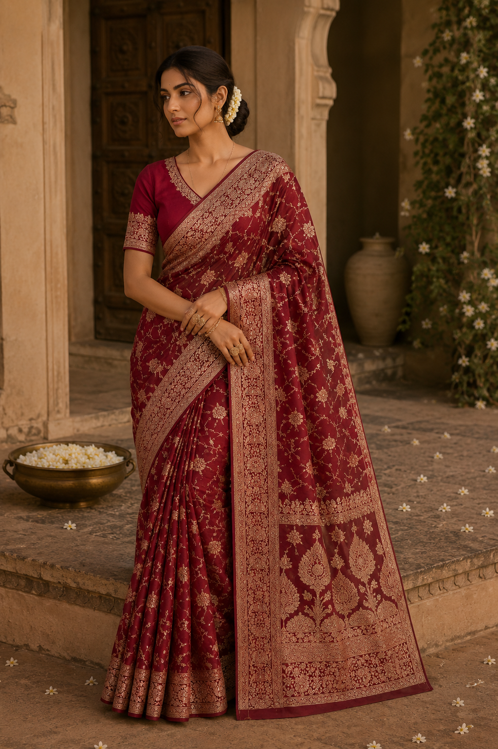 Maroon Dola silk saree with intricate gold zari floral weaving, broad border, and matching blouse.