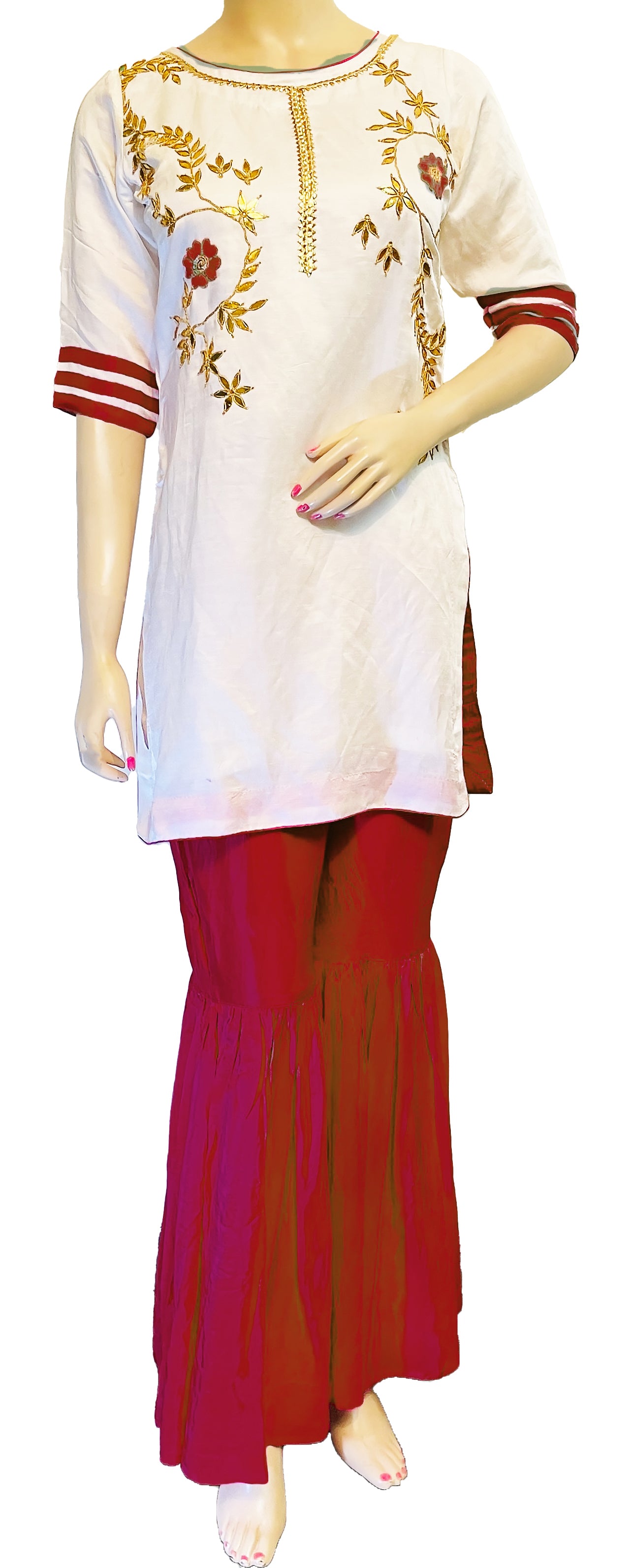 White & Maroon Color Hand embroidered Kurti & Gharara Palazzo Pant with Dupatta set