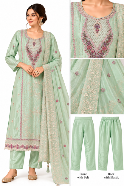 Embroidered Chinon Silk 3-Piece Kurta Pant Set with Dupatta
