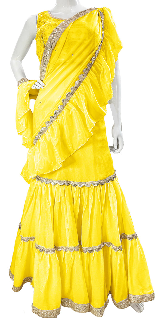 Mustard yellow Pure Chinon Saree, Ready to wear Sari, Skirt Saree with Pure Dola SILK Blouse