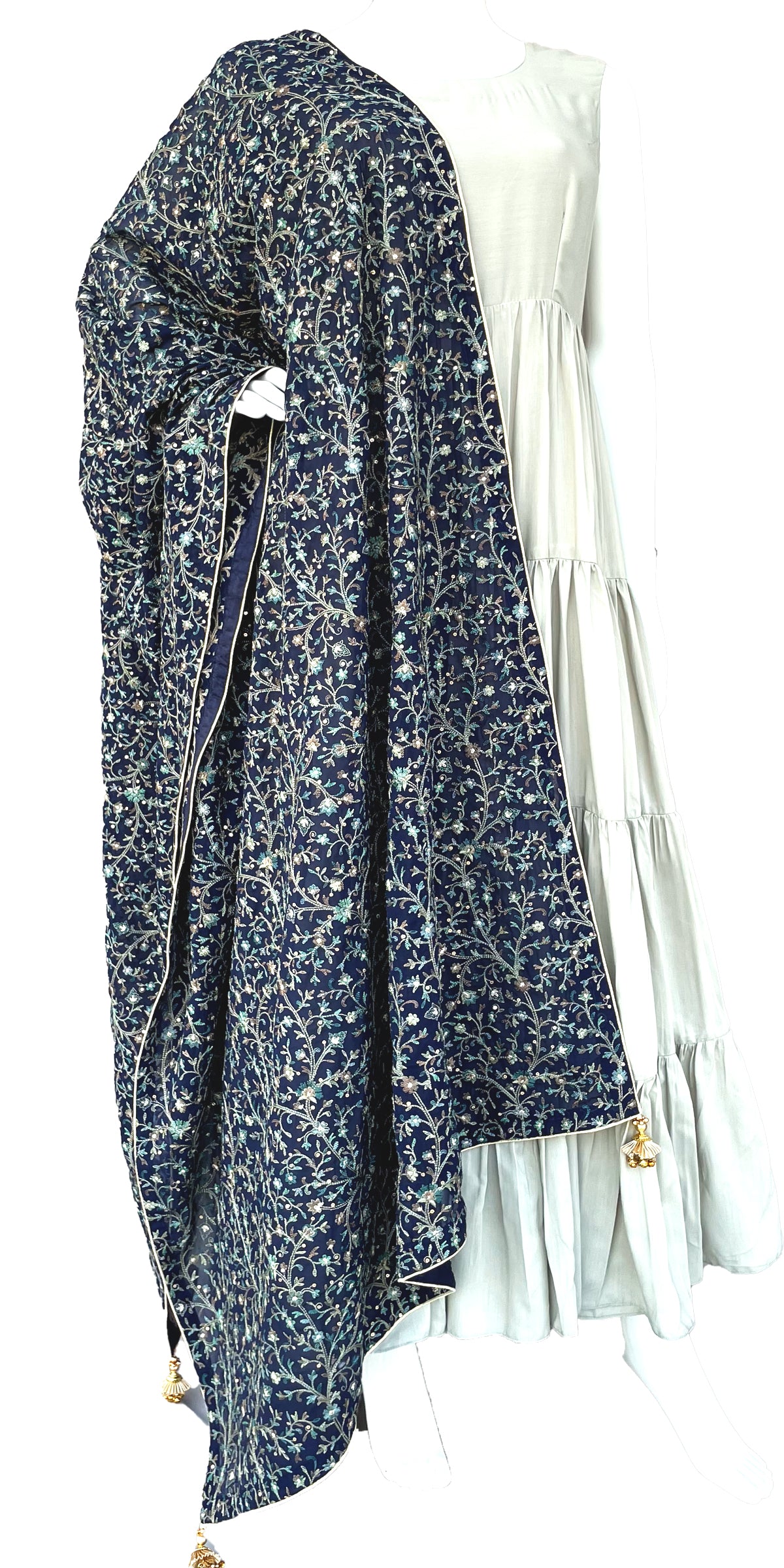 Navy Blue Kashmiri Embroidery Pure Georgette Dupatta with Zari Border and Fancy Tassels