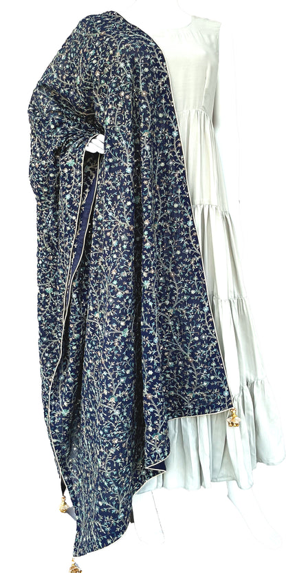Navy Blue Kashmiri Embroidery Pure Georgette Dupatta with Zari Border and Fancy Tassels