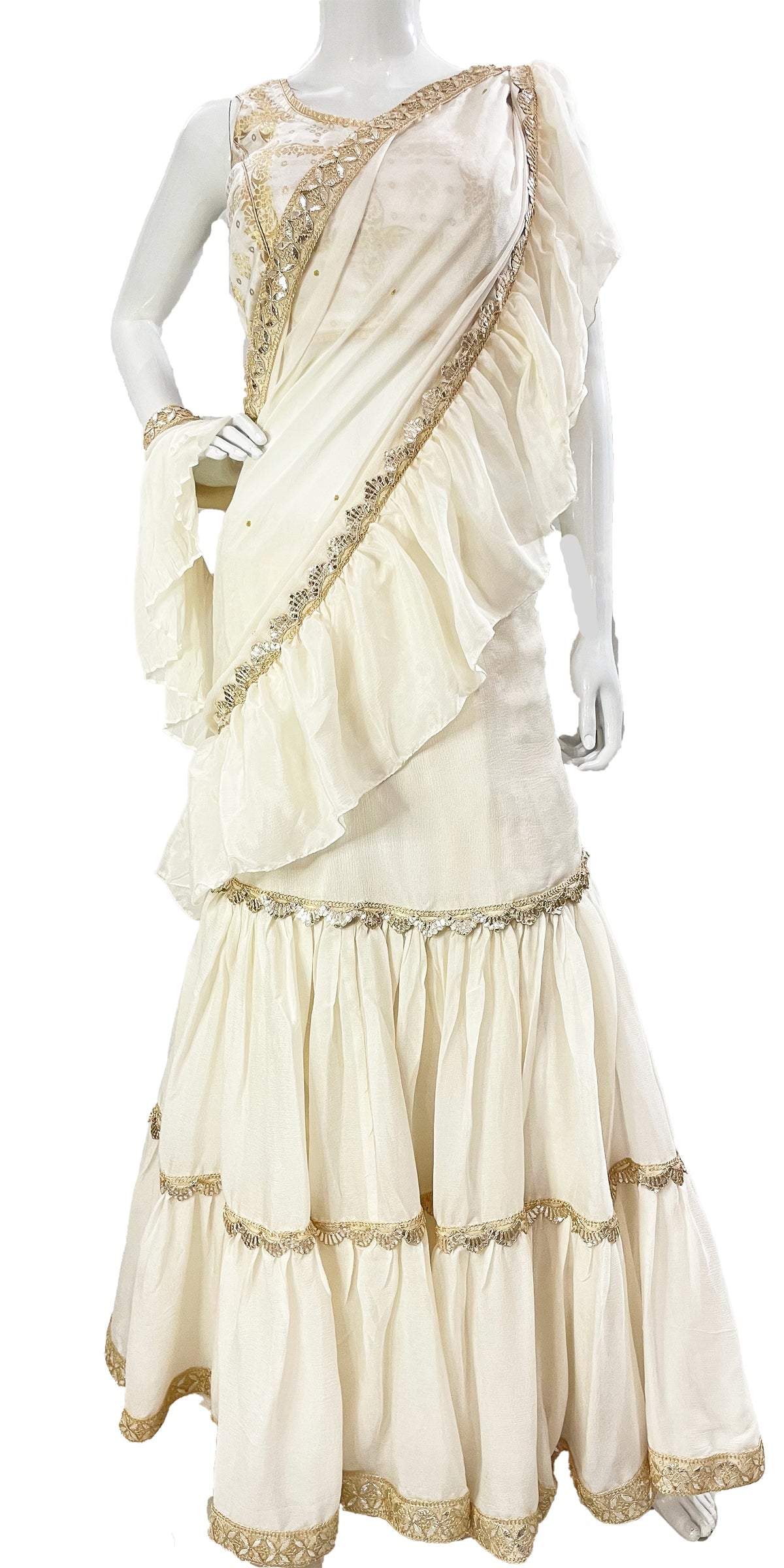 White Ready to wear Sari, Stitched Sari, Bollywood Style Saree, Golden Border Sari, Pure Chinon Sari, Customizable Sari, Pure Dola Silk Blouse, Golden Sari, Wedding Wear, Quick Sari, Quick Saree