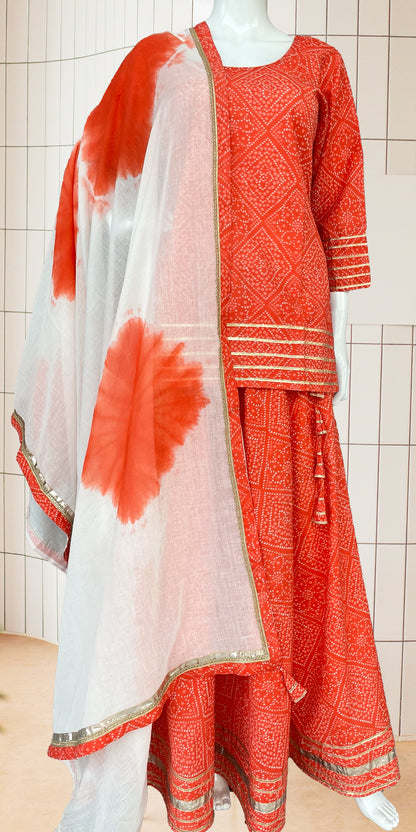 Peach Bandhani Lehenga Long Kurti Set, Tie Dye Dupatta, Pure Cotton Top and Bottom