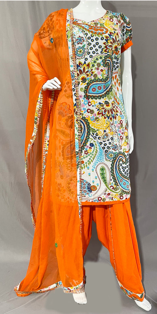 Orange Salwar Suit, Multicolor Kurta with Orange Dupatta,, Patiala Salwar Suit, Orange and white SALWAR suit, Pure Cotton salwar Suit, Punjabi Dress