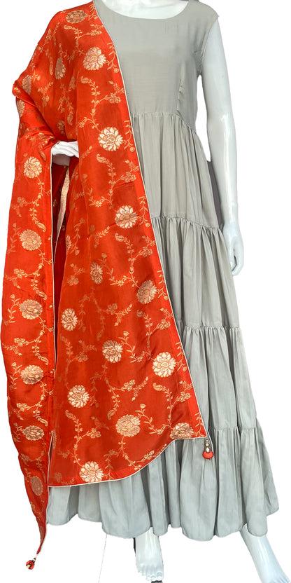 Orange Dupatta for Women Pure Dola Silk Silver Gold Zari Floral Banarasi Dupattas /Shawl