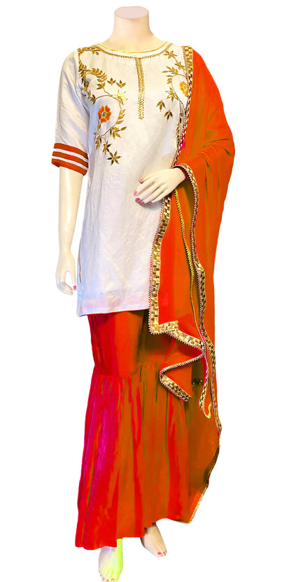 White & Orange Color Hand embroidered Kurti & Gharara Palazzo Pant with Dupatta set