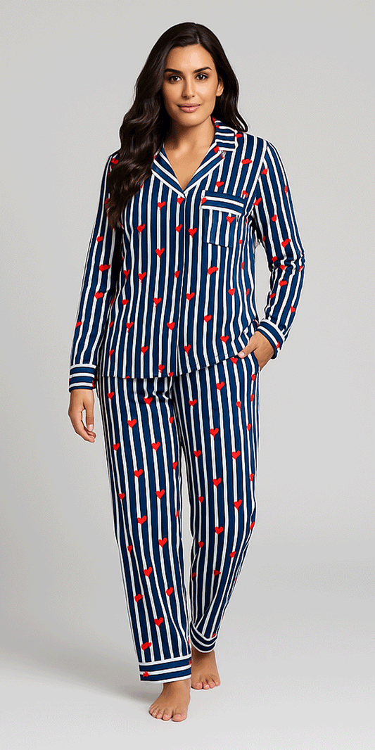 Navy Blue Stripe Pajamas,  Pajamas for women,  Heart print Pjs, Christmas pajamas, Christmas gift for women, Mother's Day gift, Valentine day gift, Valentine gift for her, Gift for mother, Blue Striped Night Suit, Heart print night suit, Sleepover party night suit, Blue Loungewear, Slumber party dress, Blue Heart Night suits gift for her. 