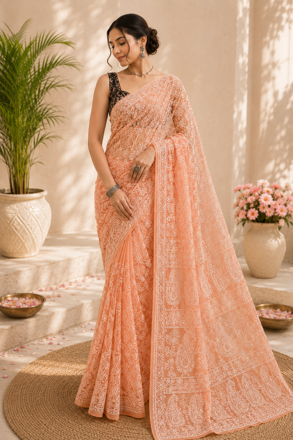 Woman wearing a peach pure georgette saree with intricate white floral embroidery and paisley motifs, paired with a black embroidered blouse.