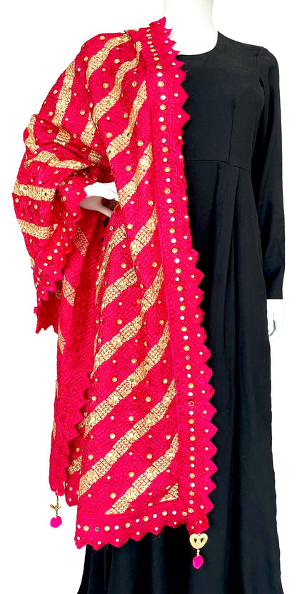 Pink and Golden Phulkari with Tassels and Mirror Work
