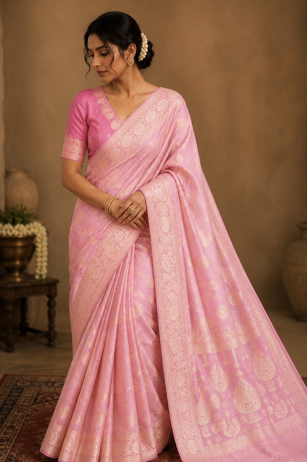 Baby pink Dola silk saree with soft gold zari floral weaving, elegant pallu, and slightly darker pink blouse.