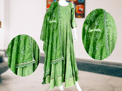 Pista Green Anarkali Gown with Stole, Pure Organza Embroidered Long Dress, Partwear, Plus size long gown with Dupatta, Indian Long Dress