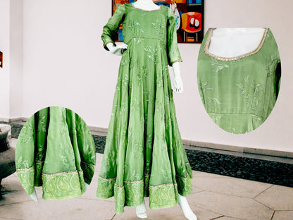 Pista Green Anarkali Gown with Stole, Pure Organza Embroidered Long Dress, Partwear, Plus size long gown with Dupatta, Indian Long Dress