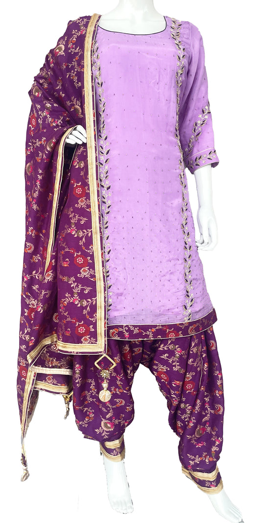Purple Pure Silk Salwar Suit, Pink Full Patiala Salwar Suit, Indian Wedding wear, Indian Gift. Gift for her, Hand embroidered Salwar Suit. Temple wear, Indian Party wear, Gurdwara Wear, 