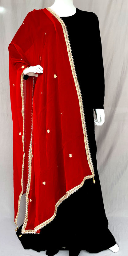 Red Kundan Work Dupatta, Pure Chiffon Dupatta with Handwork