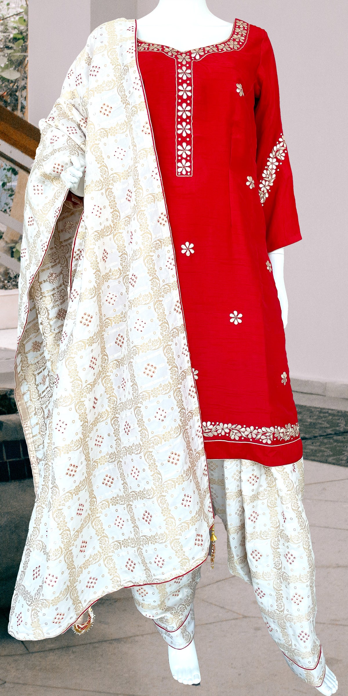Red and White Gota Patti Punjabi Patiala Salwar Suit, Pure Silk Punjab