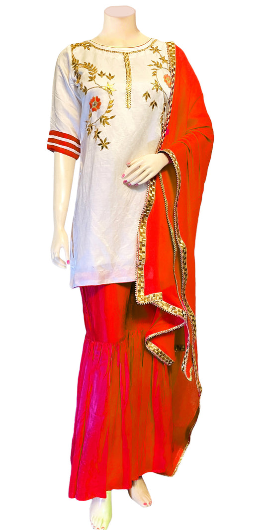 White & Red Color Hand embroidered Kurti & Gharara Palazzo Pant with Dupatta set