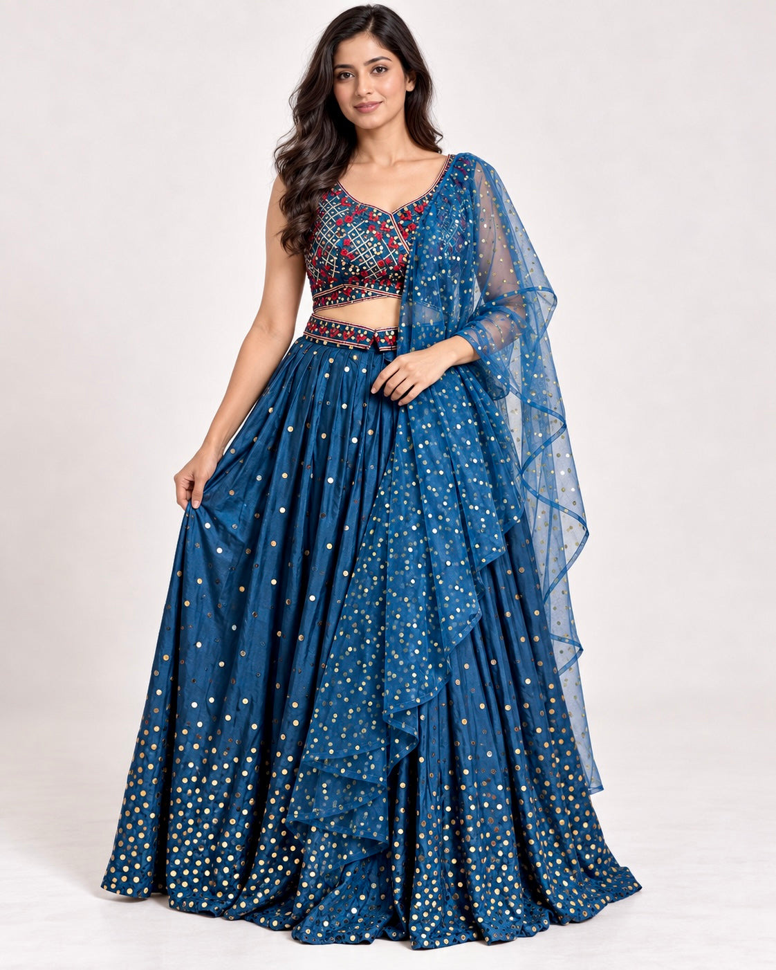 Original product photo of Royal Blue georgette floral embroidered lehenga set front view
