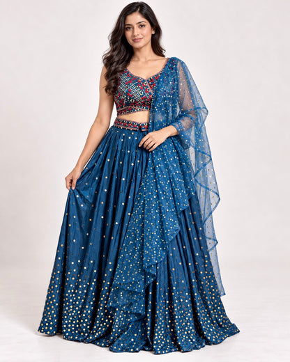 Original product photo of Royal Blue georgette floral embroidered lehenga set front view
