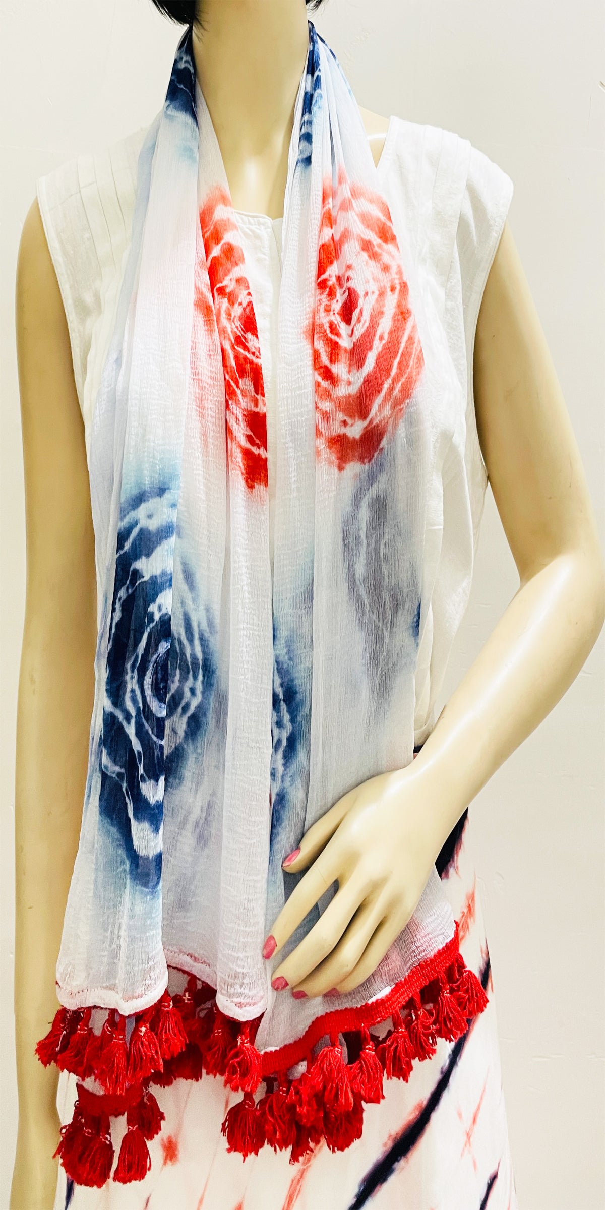 Red White Blue Chiffon Stole, Summer Wrap Tie n Dye