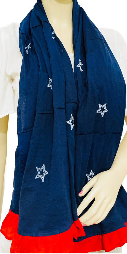 Blue scarf with red border and white stars,American flag color theme Scarf, US flag color theme accessories, Scarf with Stars, American star accessories, Scarf for 4th july theme party, 4th July parade special, 4th July meeting special