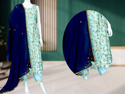 Cyan Georgette Anarkali Pant Suit, Embroidered Pant Suit, Bridesmaids, Partywear, Straight Pant Suit, Handmade, Wedding wear