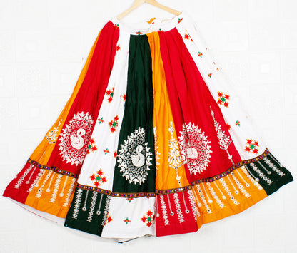 White Red Multicolor Gujarati Lehenga, Skirt Festive Indian Embroidery Long, Drawstring, Party Ethnic Traditional Skirts For Women, Garba