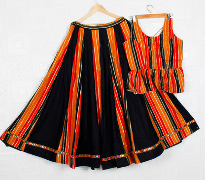 Black and Orange Striped Traditional Gujarati Chaniya Choli/Lehenga Dress, Lehenga, embroidery, Dandiya Dress, Navaratri Pooja, With Border