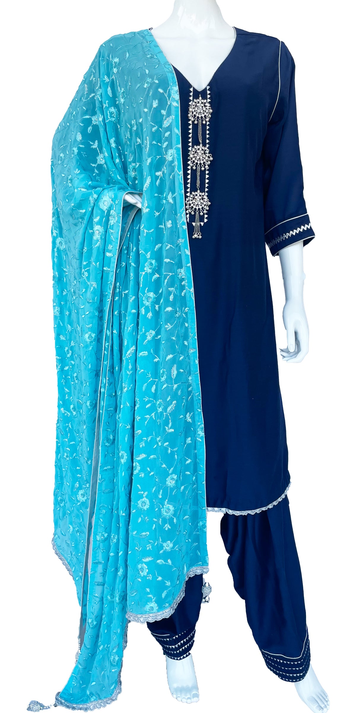 Navy Blue Patiala Salwar Suit. Firozi Dupatta, Turquoise Dupatta, Muslin Salwar Suit. Mulmul SALWDAR suit, Punjabi Salwar Suit. Indian ethnic wear. 