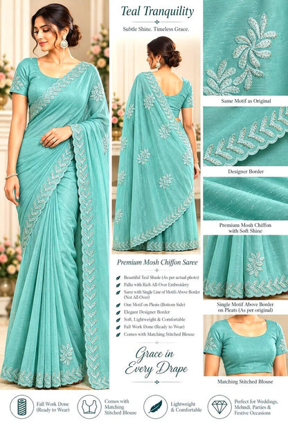 Teal shimmer tissue chiffon embroidered saree with detailed border and floral motifs