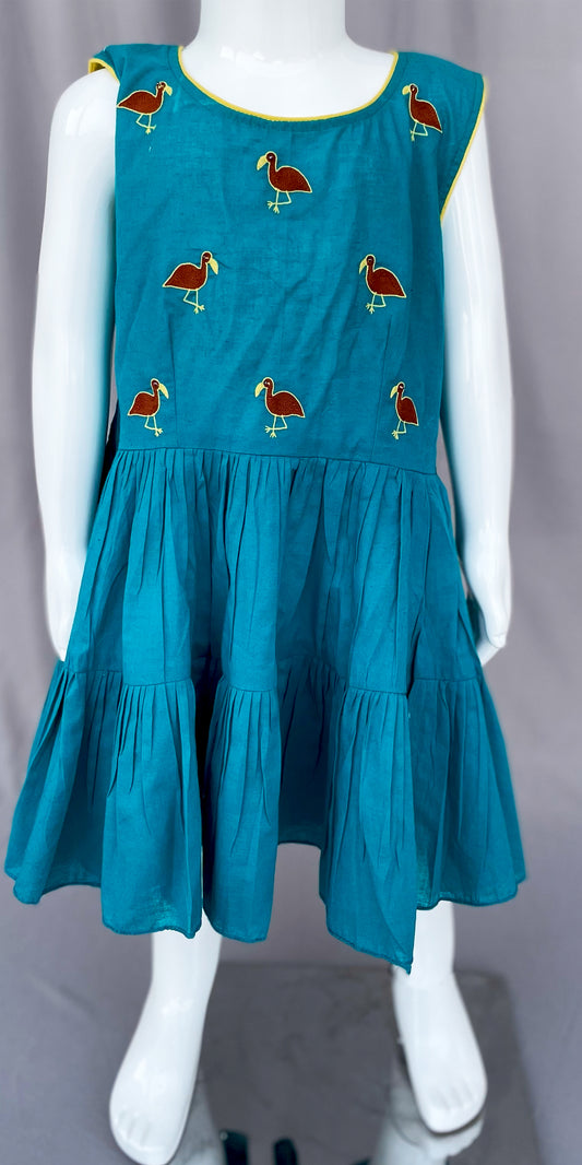 Turquoise Kids Dress, Summer wear for Girls, Frock for Girl Child, Bird Embroidery