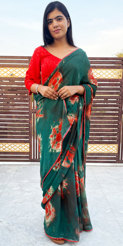 Green Tie Dye Saree, Pure Georgette Saree, Custom Made Saree, Red Blouse SAREE, Hand Tie Dye SAREE, Handmade saree