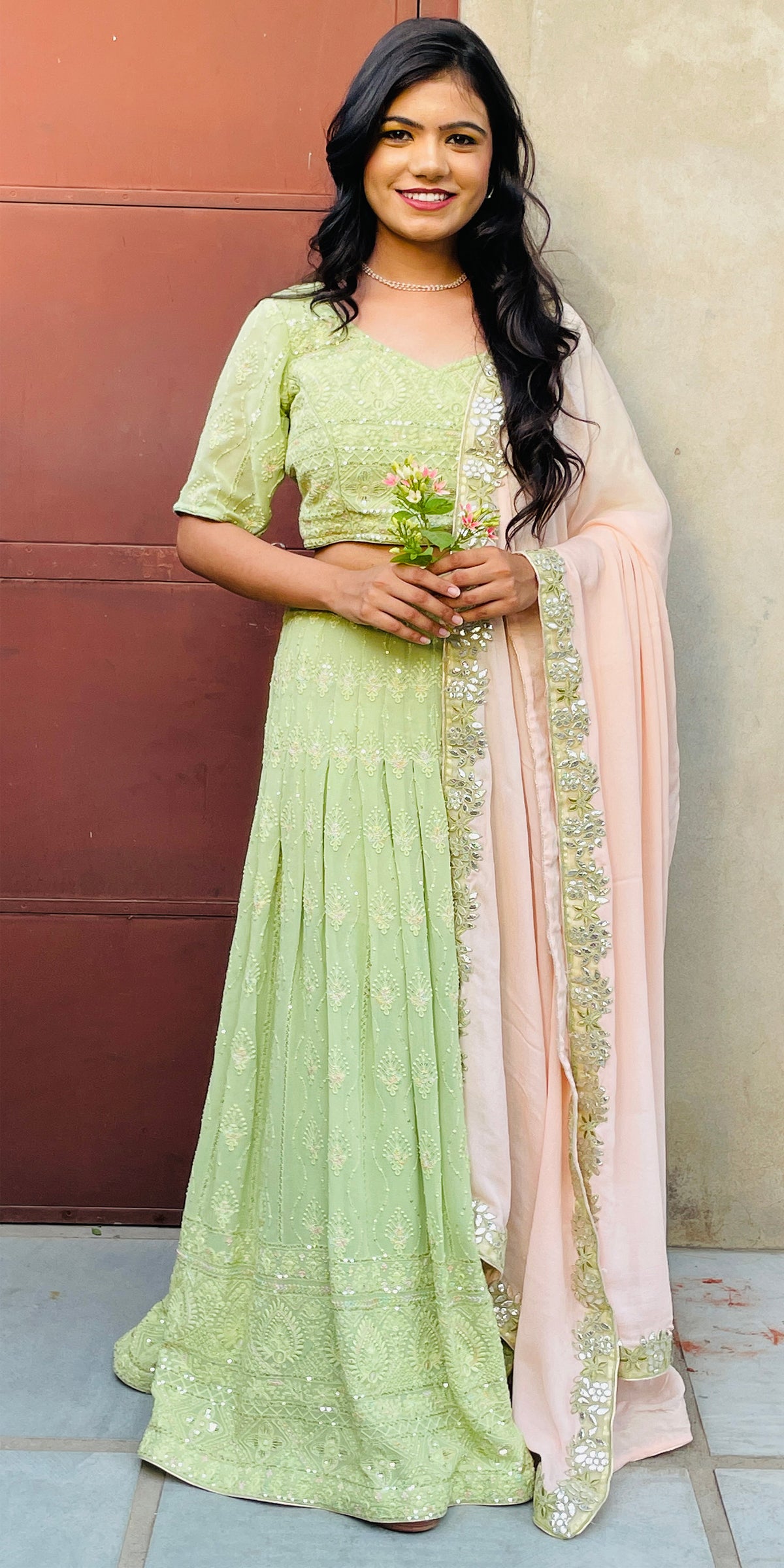 Embroidered Pastel Green Lehenga Dress