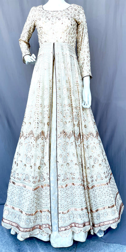 Off White Flared Pure Georgette Long Gown with Dupatta, Pure Chanderi Silk Indian Long Dress, Embroidered, Bridal Wear, Wedding Wear