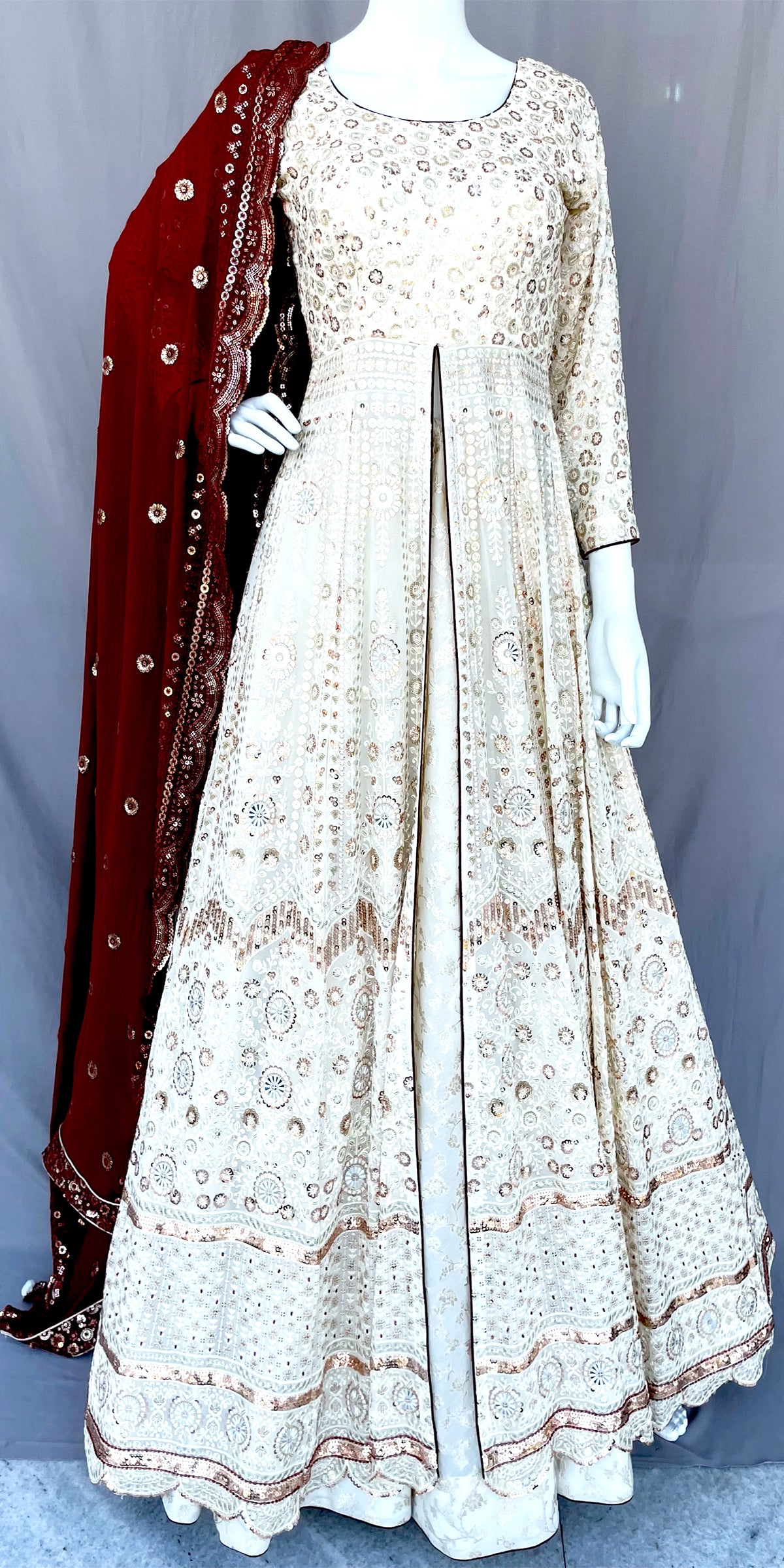 Off White Flared Pure Georgette Long Gown with Dupatta, Pure Chanderi Silk Indian Long Dress, Embroidered, Bridal Wear, Wedding Wear