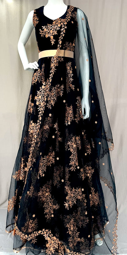 Black Flared Net Long Gown with Dupatta, Indian Long Dress, Embroidery, Party wear