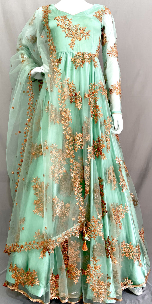 Green Flared Net Long Gown with Dupatta, Indian Long Dress, Embroidery, Bridesmaid, Mehendi, Haldi, Wedding Wear