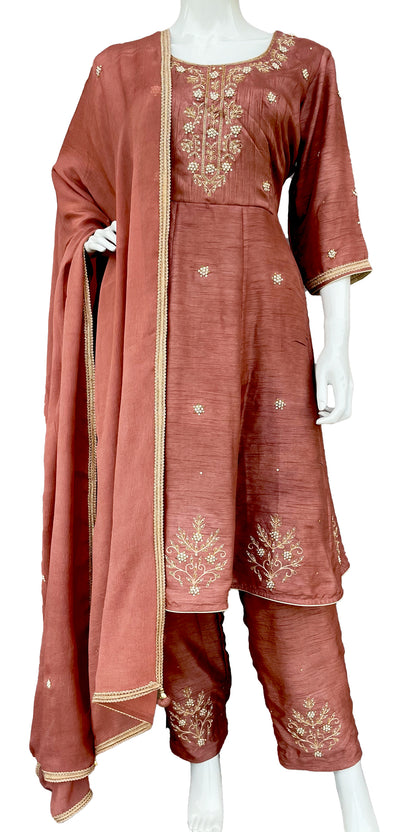 Pure Dola Silk Anarkali Pant Suit, Hand Embroidered with zari and Dabka Work