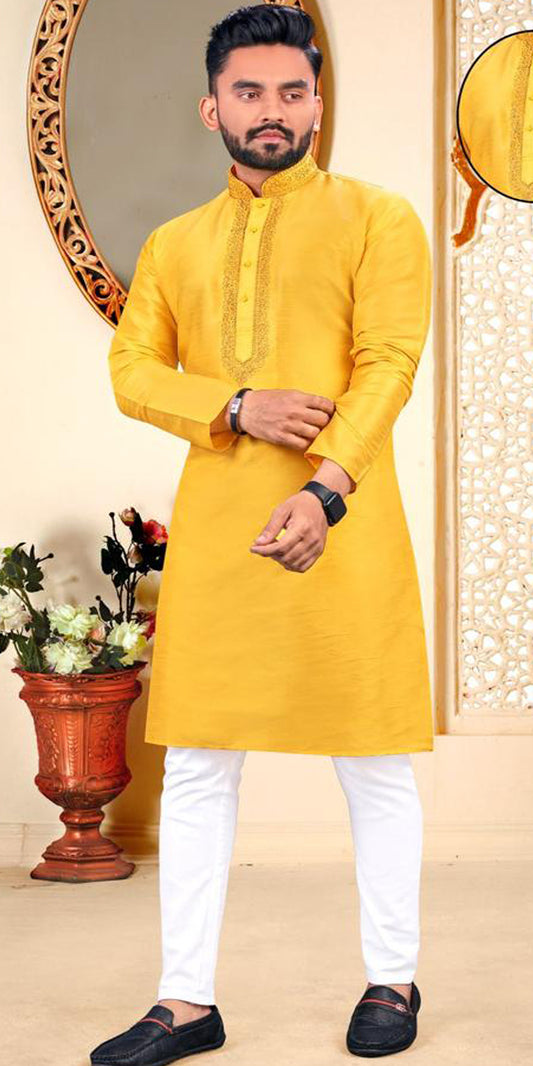 Yellow Men Kurta Pajama, Men Indian Wear, Aari Work Kurta Pajama, Silk Kurta Pajama