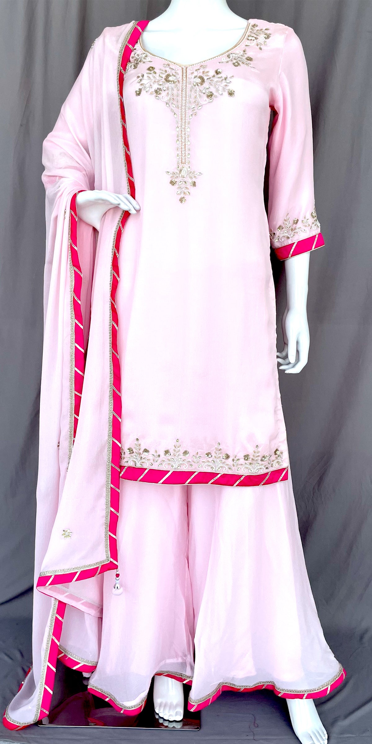 Blush Pink Pure Chinon Gharara Palazzo Suit, Hand Embroidered Suit, Dabka, Pearl Work