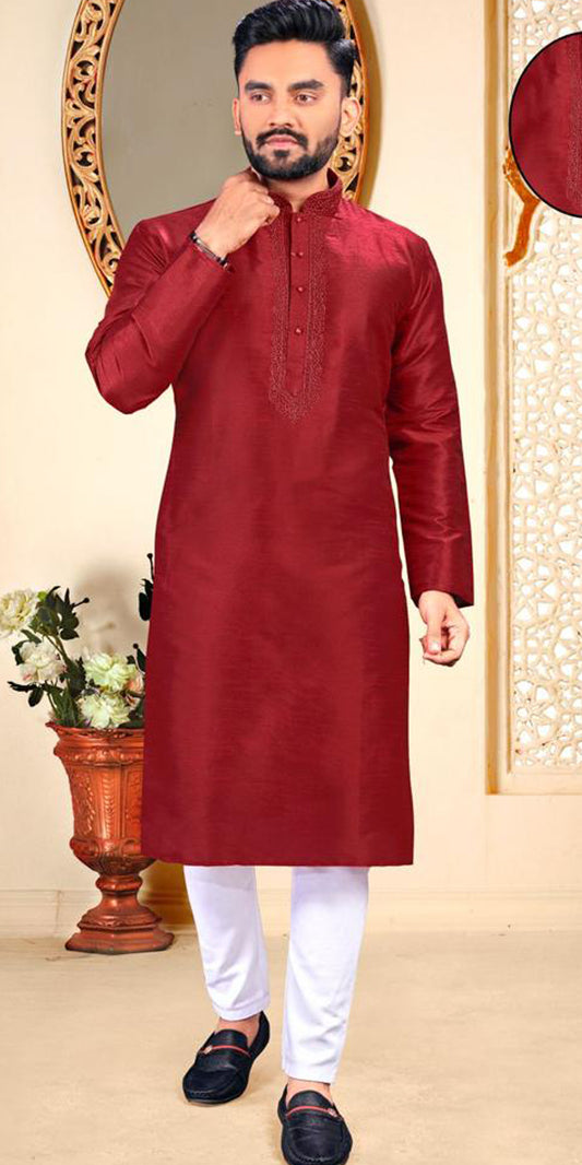 Maroon Men Pooja wear, Men Indian Wear, Men Kurta Pajama, Collared kurta for men, Red kurta, White Pajama for men. Boys Indian Wear, Pooja wear for men, Gurudwara wear, Mosque wear, Temple wear for men, Silk Kurta Pajama, Navratri Wear