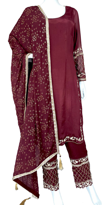 Maroon Pure Chinon Straight Pant Suit with Hand Embroidery Zardosi Work, Wedding wear