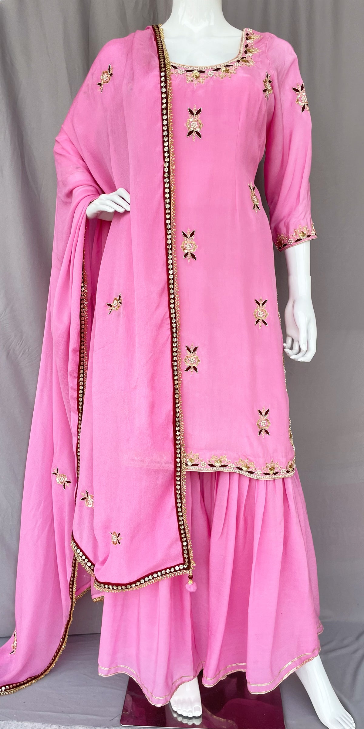 Onion Pink Pure Crepe Gharara Palazzo Suit, Hand Embroidered Suit